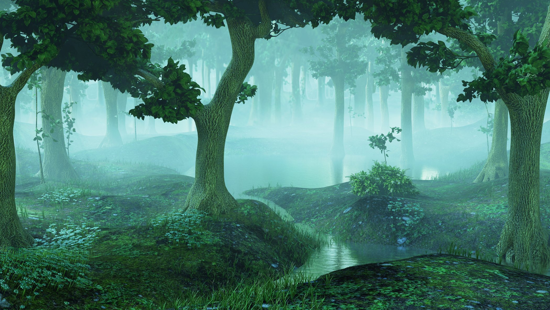 magical and foggy fantasy forest with ponds